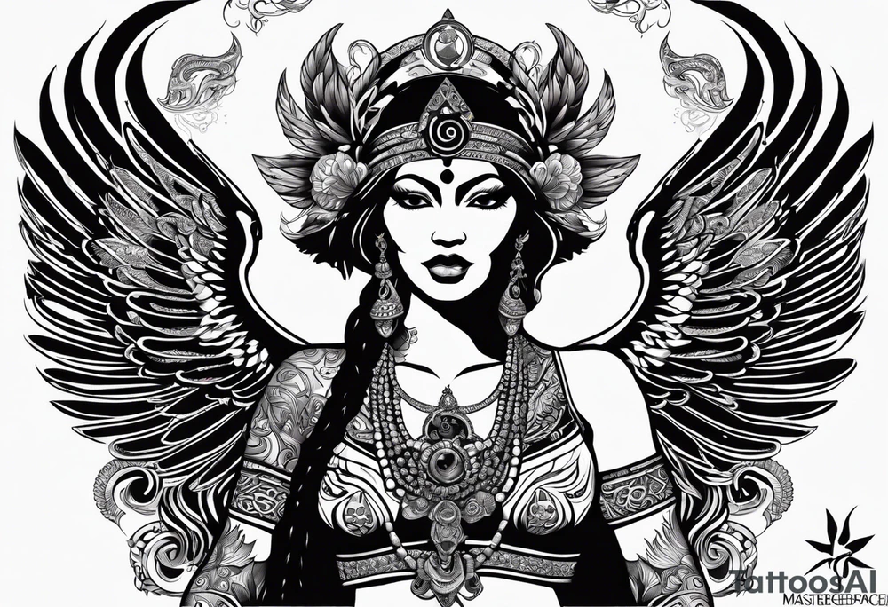 black kali, goddess pirate, alien, angel, pachamama, valkrye, warrior, flying, skull, lotus azul, wing, eagle, zenza resonance, stars, 5D, anahata chakra, death, durga, riding on a tiger, flying lady, kundalini, chest tatoo, samuri, rebel,serpent tattoo idea