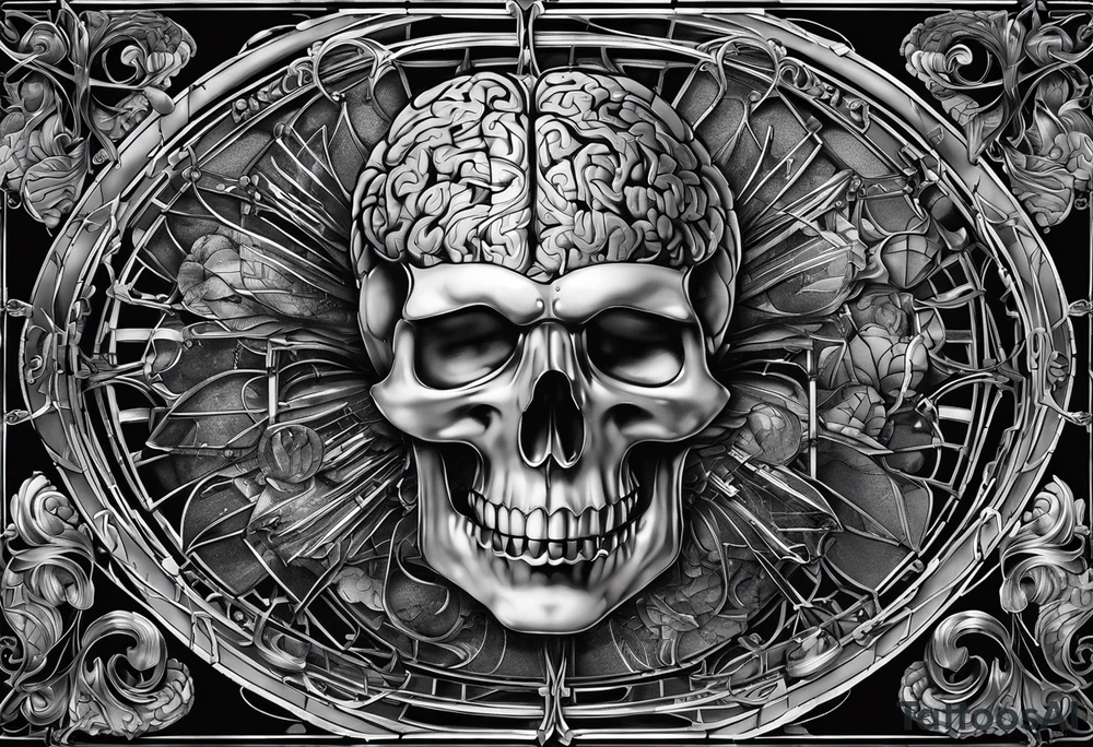 give me panes of glass that each have an image of the dissected brain but in each pane have a variant of music, mathematical, and computational images. tattoo idea