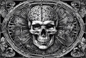 give me panes of glass that each have an image of the dissected brain but in each pane have a variant of music, mathematical, and computational images. tattoo idea