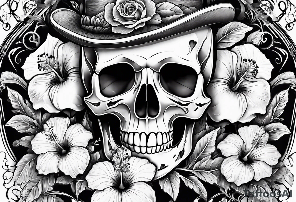 femmale skeleton with hibiscus tattoo idea