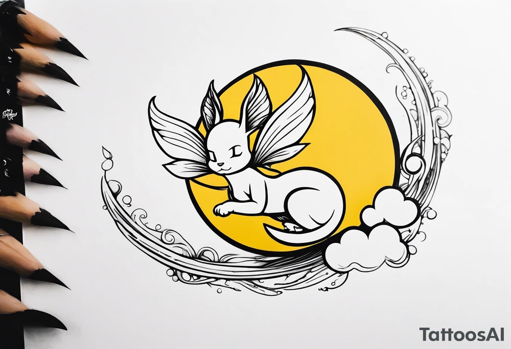 No color fairy with a tail inspired by the logo of the  show called Fairy Tail in a fetal position leaning in and forward while in the air floating and sleeping tattoo idea