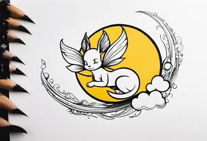 No color fairy with a tail inspired by the logo of the  show called Fairy Tail in a fetal position leaning in and forward while in the air floating and sleeping tattoo idea