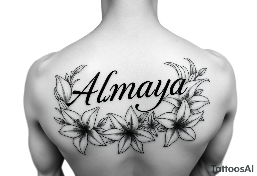The name Almaya surrounded by Lilies. tattoo idea