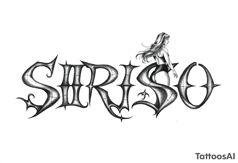 Abstract Tribal font saying “SIRISO” with all letters close together and the S in SIRISO connected to the O and a silloute of a woman on top of the words tattoo idea