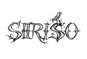 Abstract Tribal font saying “SIRISO” with all letters close together and the S in SIRISO connected to the O and a silloute of a woman on top of the words tattoo idea