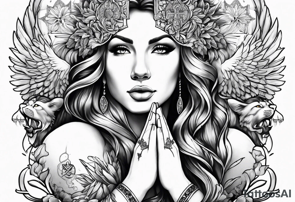 Full sleeve with Lion, cross, praying hands and angels. Incorporate the names Scarlett and Faith in the design tattoo idea