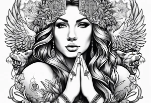 Full sleeve with Lion, cross, praying hands and angels. Incorporate the names Scarlett and Faith in the design tattoo idea