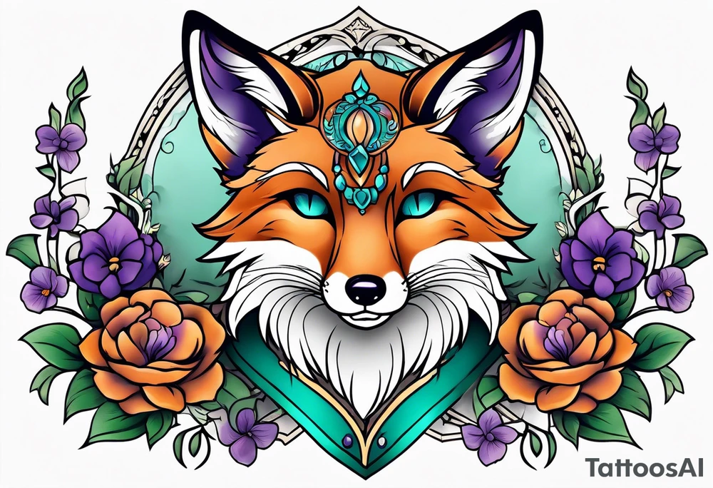 Neo traditional fox with violets and teal frame tattoo idea