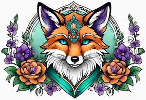 Neo traditional fox with violets and teal frame tattoo idea