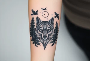 Wolf head surrounded by large pine trees and ravens flying overhead tattoo idea
