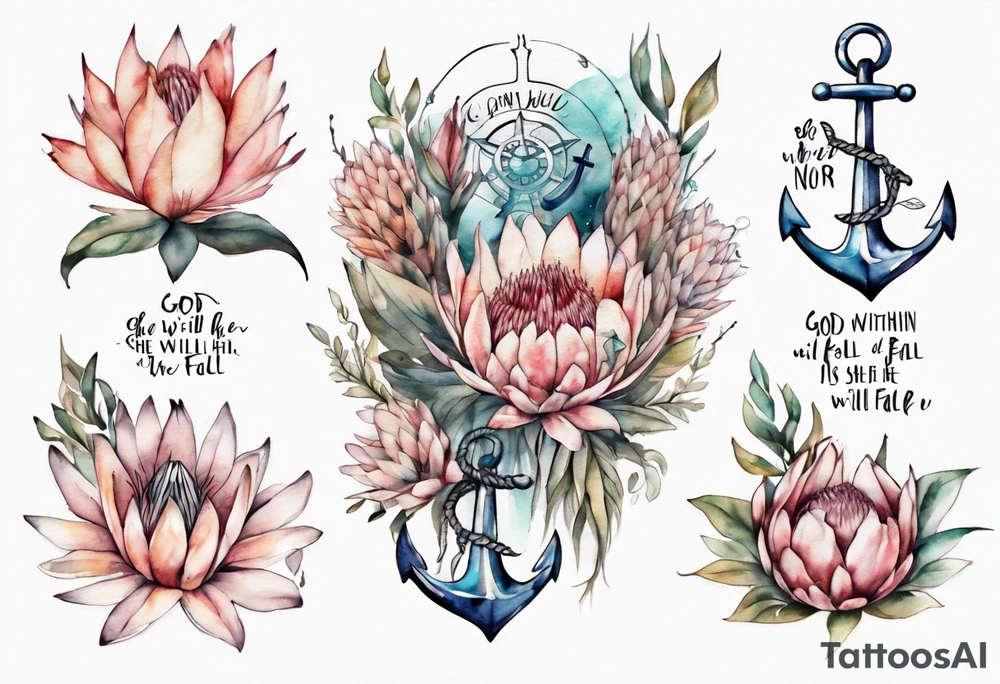 Very feminine tattoo of an anchor and protea flowers and the verse: God is within her, she will not fall. tattoo idea