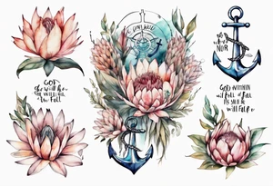 Very feminine tattoo of an anchor and protea flowers and the verse: God is within her, she will not fall. tattoo idea