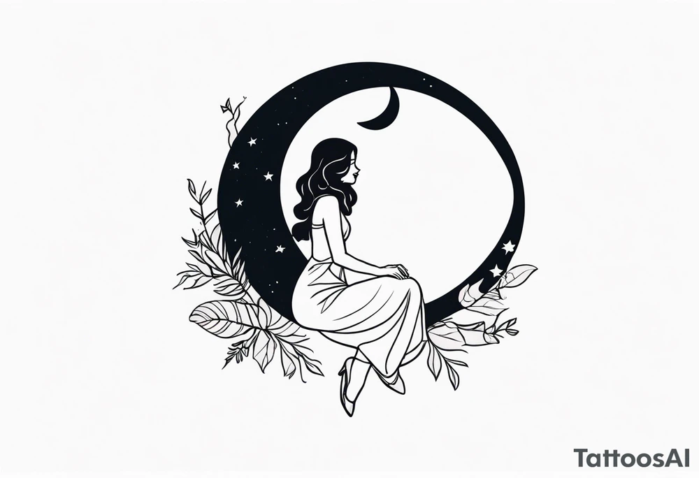 woman in dress with legs straddling a crescent moon tattoo idea