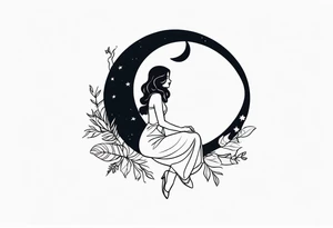 woman in dress with legs straddling a crescent moon tattoo idea