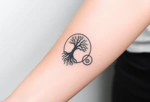 Tree inside of sun, spiral circle roots. A spiral line moving to the right tattoo idea