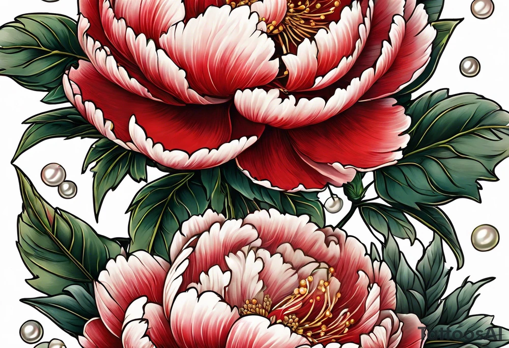 Red peony with a pearl necklace and a rabbit tattoo idea