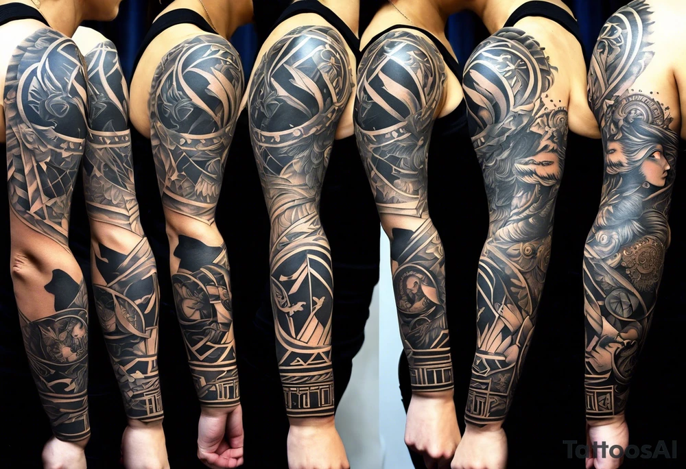 A full tattoo sleeve inspired by Greek mythology, centered around the Greek goddess Athena. Athena is portrayed with a strong, commanding presence, symbolizing wisdom, strength, and warfare. The design emphasizes bold, clean lines with a focus on sharp contrasts, creating a powerful and dynamic visual impact. Surrounding Athena, incorporate a mandala effect with geometric patterns that evoke a sense of order and strategy, reflecting her role as a warrior goddess. The sleeve also features masculine elements such as a fierce owl with piercing eyes, an ornate warrior’s helmet, and olive branches intertwined with Spartan-style armor, all seamlessly integrated into the design. The overall aesthetic is strong, rugged, and heroic, capturing the essence of Athena’s wisdom and martial prowess in a way that resonates with a masculine energy. tattoo idea