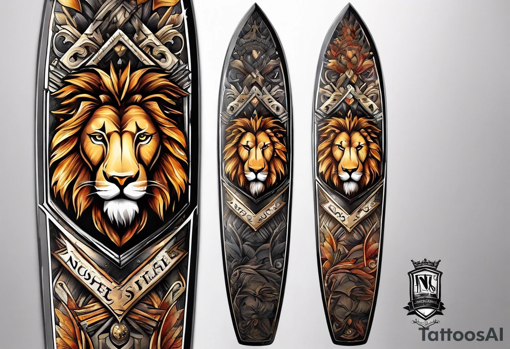skis crossed in x with a shield in front of them and a lion on the shield tattoo idea