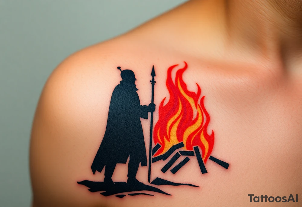 A silhouette of Jan Hus standing next to a enormous bonfire, with fiery orange and red shades tattoo idea