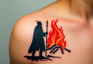 A silhouette of Jan Hus standing next to a enormous bonfire, with fiery orange and red shades tattoo idea