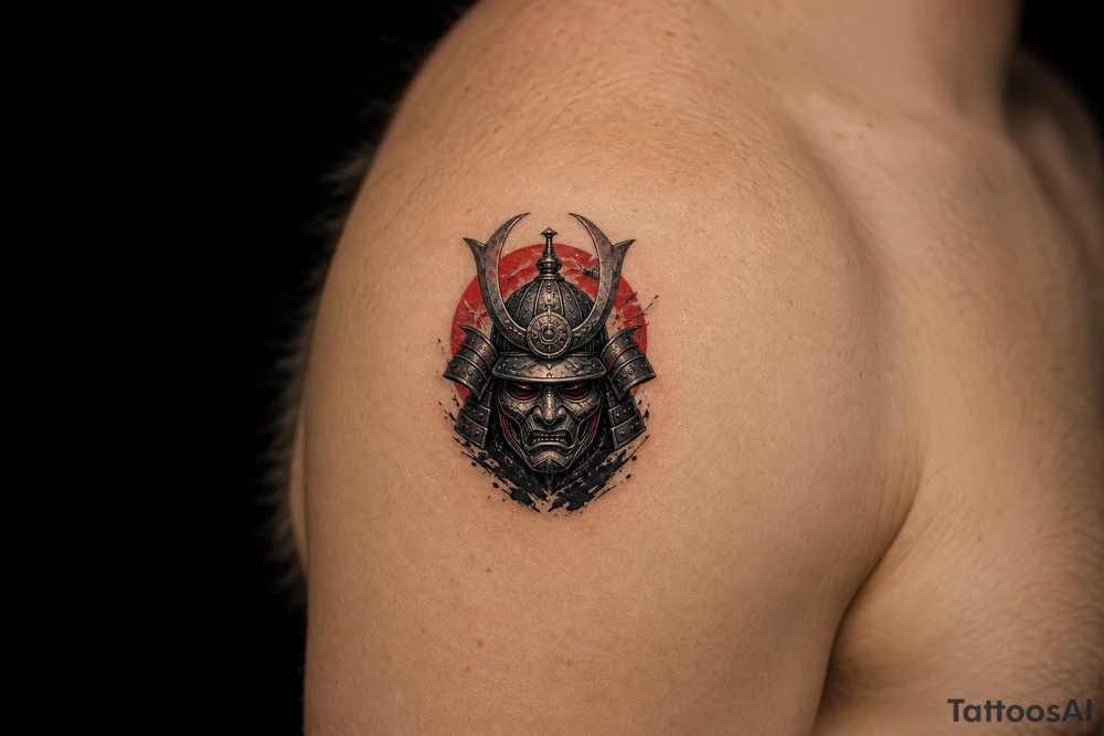 Pop black and grey samurai warrior mask, intricate details, shoulder tattoo idea