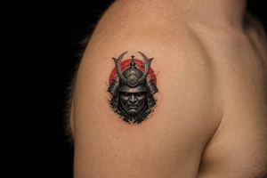 Pop black and grey samurai warrior mask, intricate details, shoulder tattoo idea