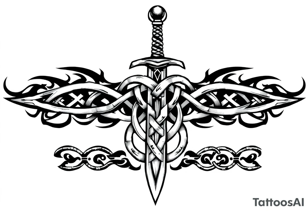 Armband tattoo of a sword with covered in a Celtic knot tattoo idea