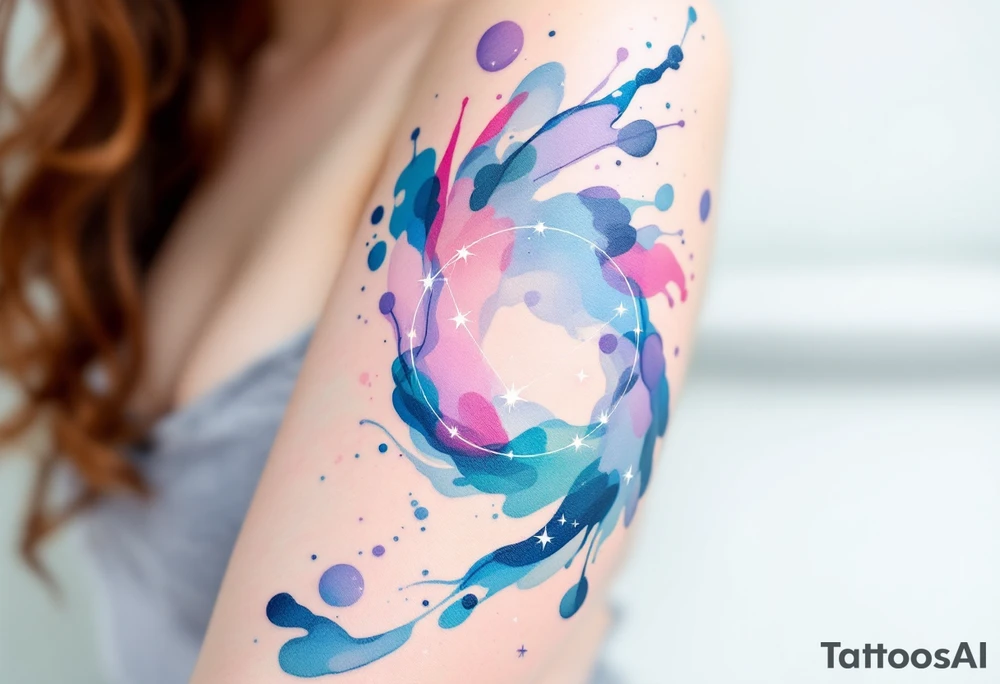 Flowing watercolor splashes in pink, blue, and lavender wrap around a white-ink Libra star constellation. tattoo idea