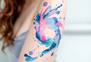 Flowing watercolor splashes in pink, blue, and lavender wrap around a white-ink Libra star constellation. tattoo idea