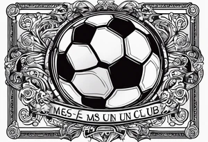MÉS QUE UN CLUB text with soccer ball and a cross christian theme simple tattoo idea