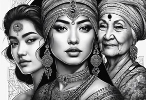 three person side by side. a really young Daughter on the left, mother in the middle, really old grandmother on the right. greater age difference tattoo idea