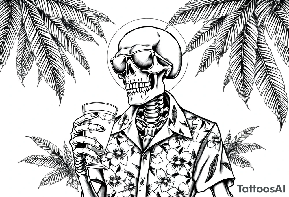 a skeleton in hawaiian shirt, palms, a cocktail,sun,sun-glasses. tattoo idea