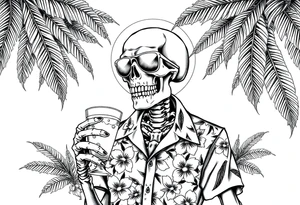 a skeleton in hawaiian shirt, palms, a cocktail,sun,sun-glasses. tattoo idea