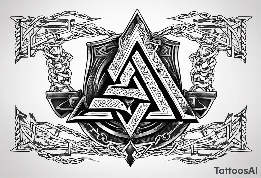 Valhalla sword shield axe barbed wire chains valknut fire tattoo idea Valhalla sword shield axe barbed wire chains valknut fire tattoo idea