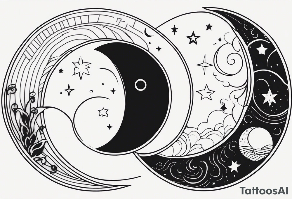 Sun and crescent moon with vintage line along with yin yang tattoo idea