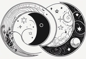 Sun and crescent moon with vintage line along with yin yang tattoo idea