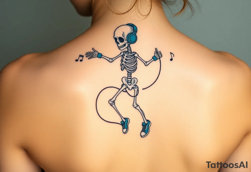 Cute skeleton jumping on a jump rope with blue headphone and blue tennis shoes and blue armbands with music notes tattoo idea