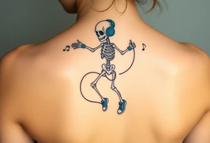 Cute skeleton jumping on a jump rope with blue headphone and blue tennis shoes and blue armbands with music notes tattoo idea