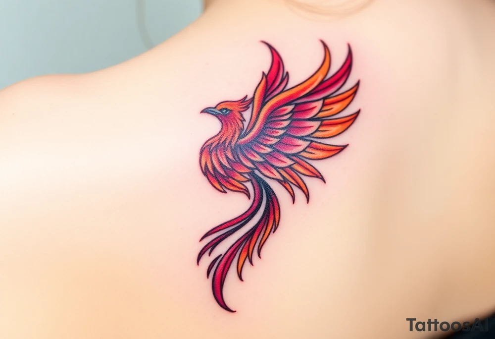 Phoenix rising from the ashes with the colors red, pink, orange and purple. Size 3 cm wide and 5 cm high tattoo idea