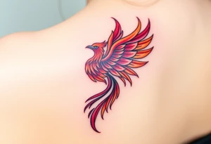 Phoenix rising from the ashes with the colors red, pink, orange and purple. Size 3 cm wide and 5 cm high tattoo idea