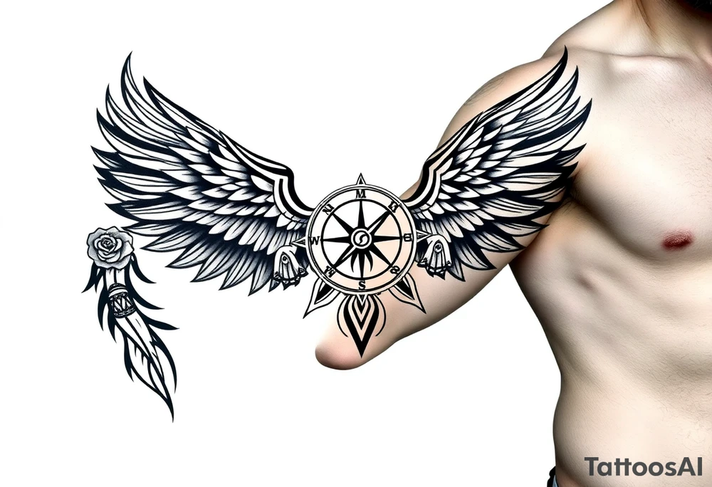 Wing with compass  a clock  with roses tattoo idea