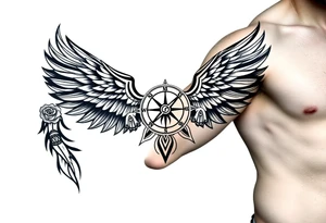 Wing with compass  a clock  with roses tattoo idea