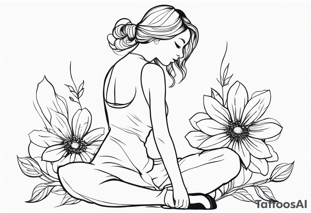 Girl with blooming flower as her head kneeling tattoo idea