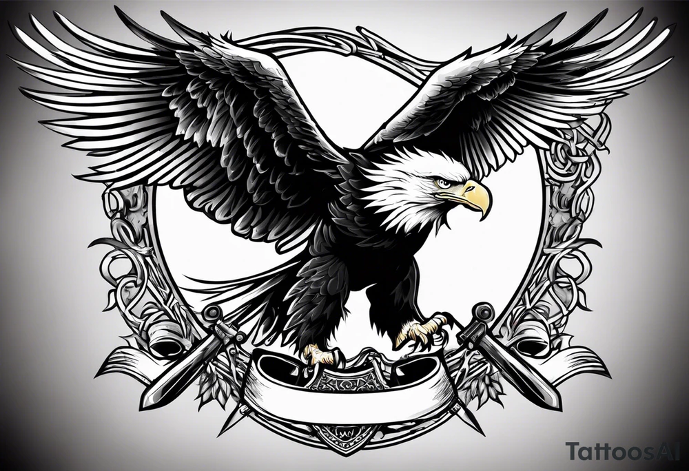 tattoo featuring an American eagle, 

add the words "Death Before Dishonor" on a scroll or something, add a sword or knife 

bottom left is closest, background filling not needed. 

use the Eagle style face of the bottom right tattoo idea
