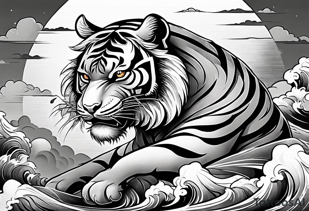 Asian Japanese Chinese style tiger with a full body not just head twisting body for a forearm half sleeve, clouds tattoo idea