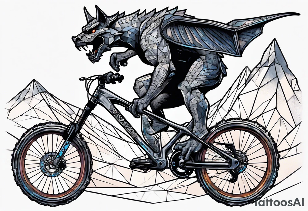 gargoyle riding a full suspension mountain bike with a shadow no background tattoo idea