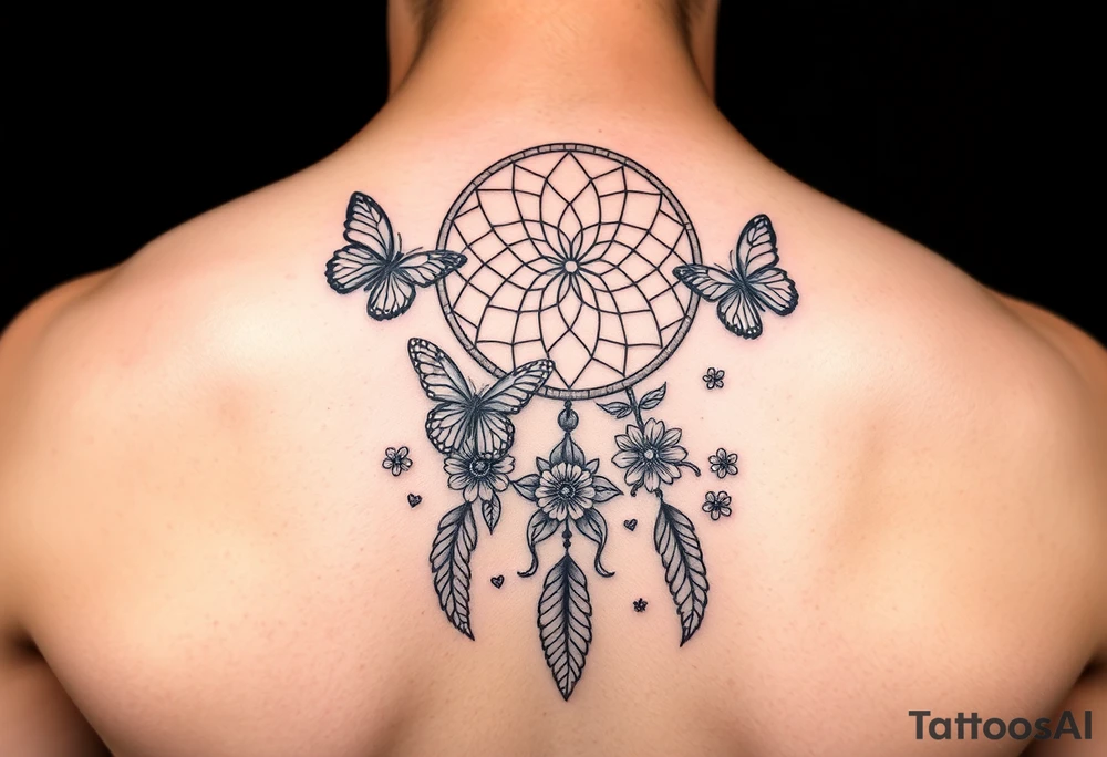 Small Simple dream catcher with butterflies and flowers tattoo idea
