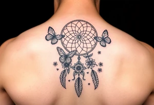 Small Simple dream catcher with butterflies and flowers tattoo idea