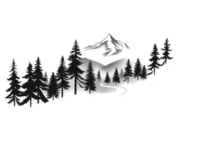 Winding path fading into misty forest, re-emerging toward distant mountains. Dark trees, bright peaks. Black and white, minimalist tattoo idea