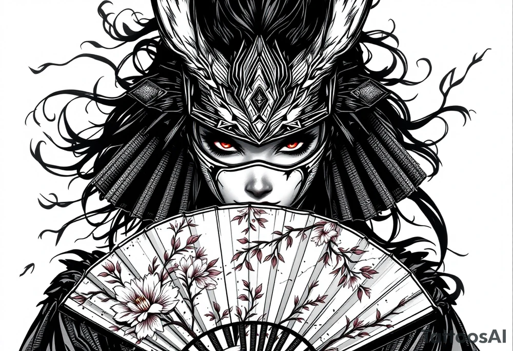 Woman samurai with red eyes wearing an half and broken kitsune mask, holding a japanese fan with Sakura flowers tattoo idea